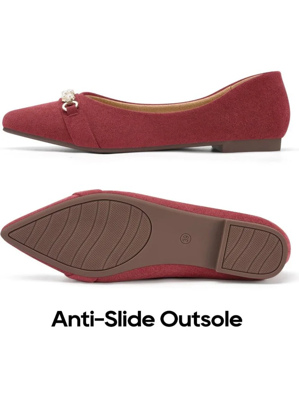 Women's Red Rubber Rhinestone Pointed Toe Flats Comfortable Slip On Shoes